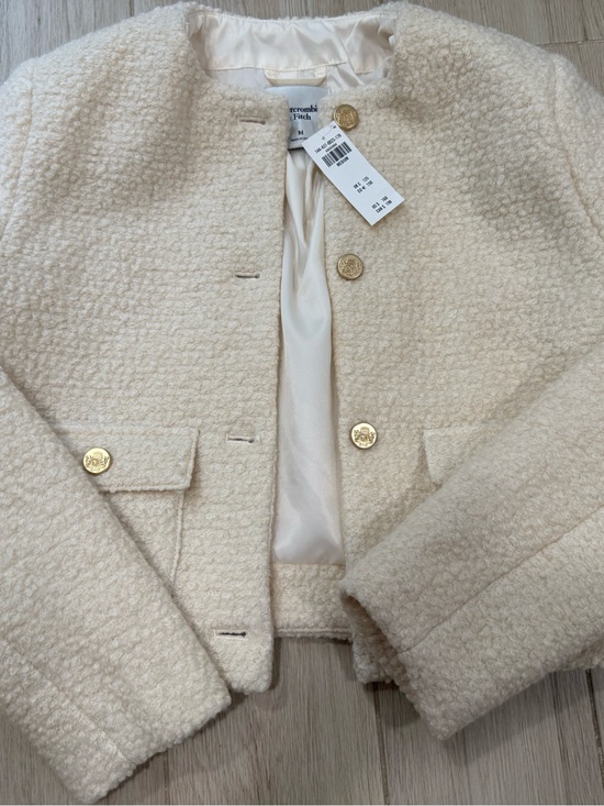 Abercrombie & Fitch Jackets & Blazers - Abercrombie & Fitch Cream Bouclé Collarless Blazer with Gold Buttons